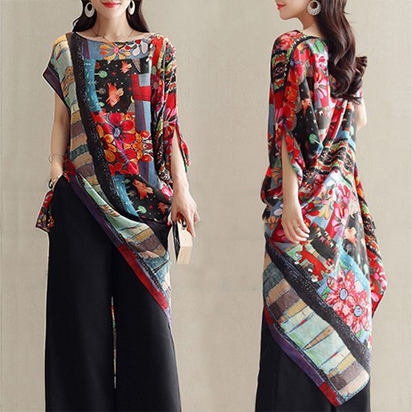 

women bohemian print blouse 2019 spring asymmetrical hem blusa ethnic batwing sleeve party shirt casual plus size 3xl, White
