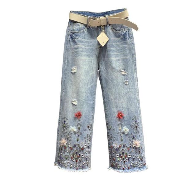 

europe 2020 spring autumn high waist jeans women fashion heavy beading diamond denim pants female embroidery straight pants w578, Blue