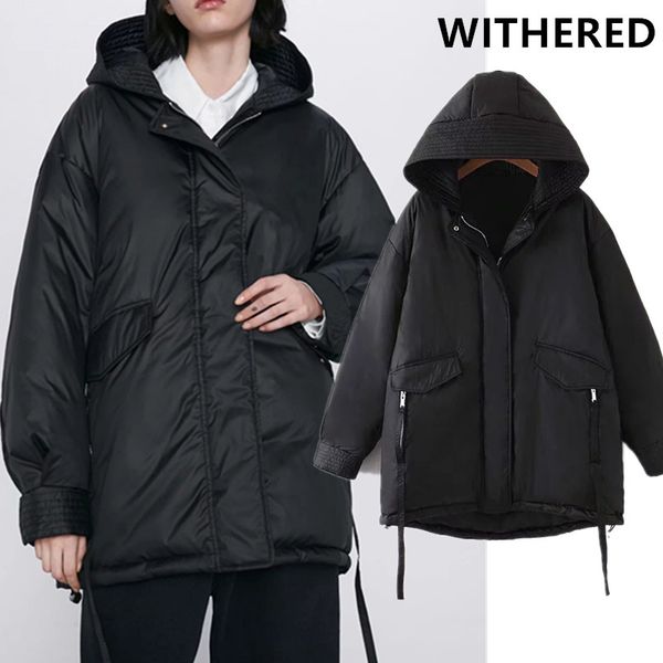 

withered england style high street vintage oversize drawstring zippers hooded winter parka coat thick long coat women plus size, Black