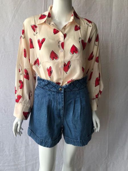 

women shirt spring / summer 2020 heart pattern silk shirt women's long sleeve top, White