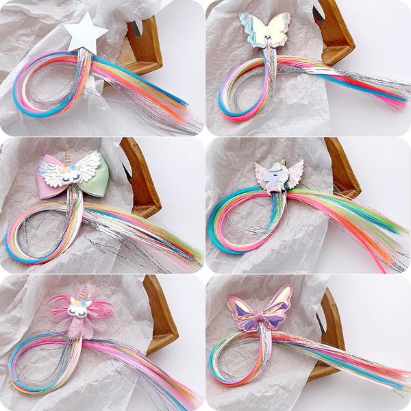 

children girls unicorn wigs barrettes ponytail hair clip baby princess rainbow long braid hairpin headwear kids hair accessories 12 styles, Slivery;white