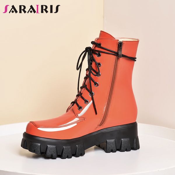 

sarairis new big size 34-43 girl 2019 brand platform boots women casual high heel boots fashion patent pu ankle shoes woman, Black
