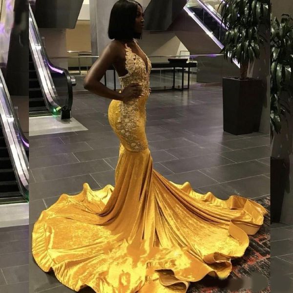 

2020 gold velvet long mermaid african prom dresses backless beads black girl party gowns plus size long evening dress