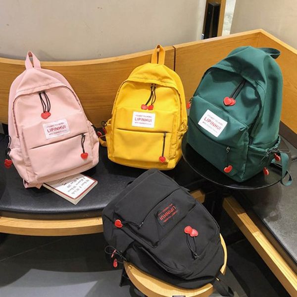 

1pc nylon backpack with lovely red heart zipper hanging student high school bag harajuku large capacity double shoulder backpack