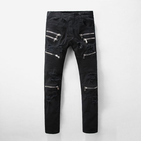 

men's slim black biker jeans male casual large size patchwork ripped stretch denim pants skinny long trousers, Blue