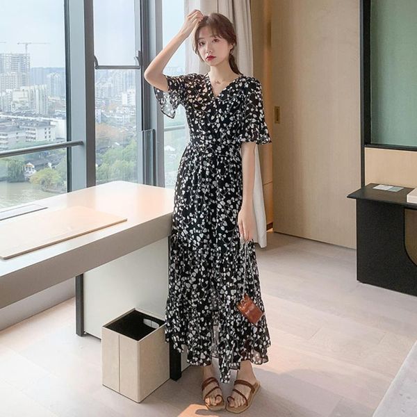 

backlakegirls 2020 summer v neck hearts print women chiffon dress elastic waist flare sleeve female elegant a-line vestidos, White;black