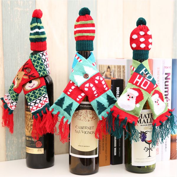 

2pcs/set christmas santa claus champagne wine bottle knitting hats and scarf xmas home party table decorations decoration gifts