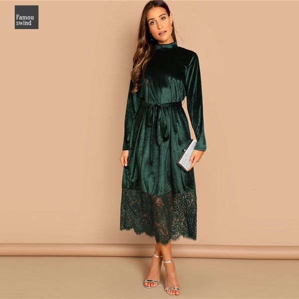

платье зеленый талия belted mock neck с длинным рукавом кружево maxi платье твердой повседневной элегантные женщинами осень современные плат, Black;gray