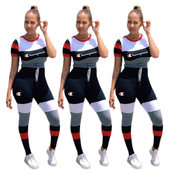 

Strip Splicing Champions Letter Women Sports Suit Short Striped T-shirt Top tees + Pants 2 Piece Set Tracksuit Casual Outfit S-2xl C3215