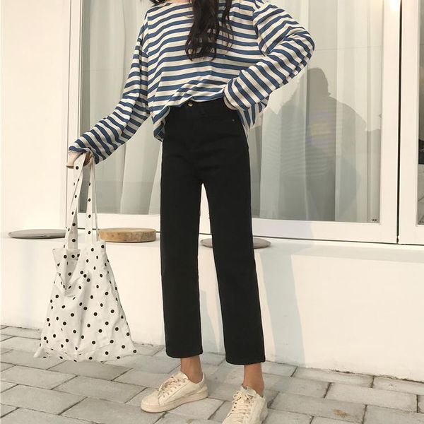 

new women's casual loose straight pants harlan black denim casual jeans high waist fashion ladies women jeans, Blue