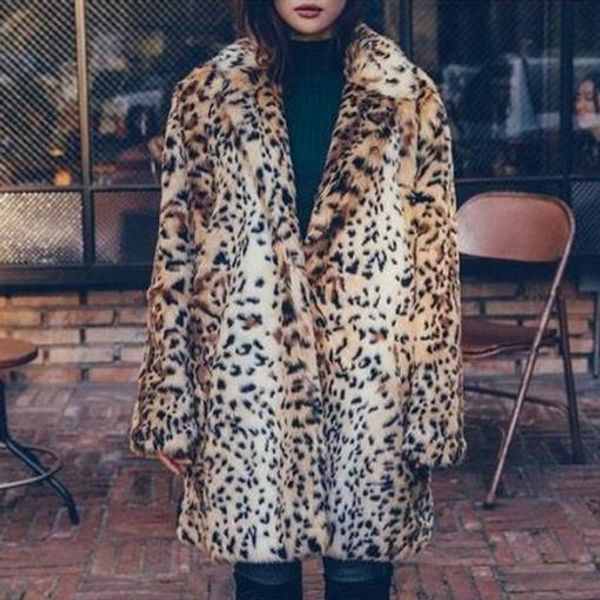 

women faux fur coats 2019 ladies outerwear leopard printed fake coats vintage thicken fluffy winter jacket g773, Black