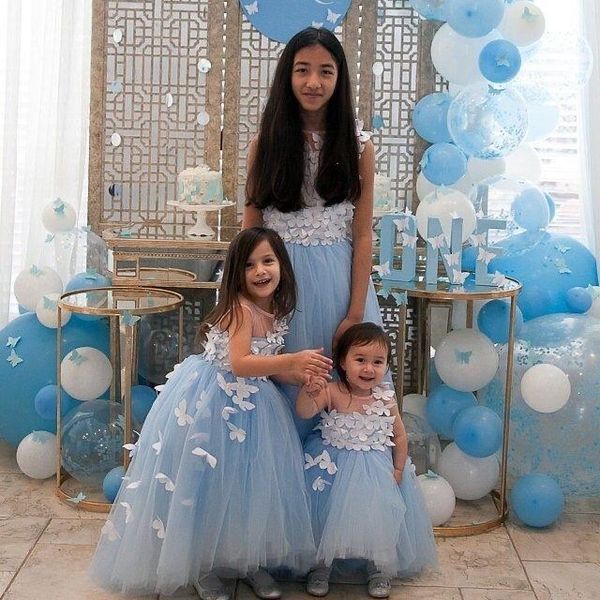 

blue flower girls dresses gowns blue girls celebrity dresses ball gowns butterfly applique custom, Red;yellow