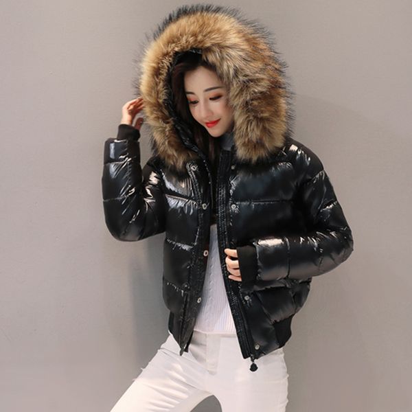 

black fur coat big fur collar cotton winter jacket women parkas short thickening slim fashion down cotton jacket woman student