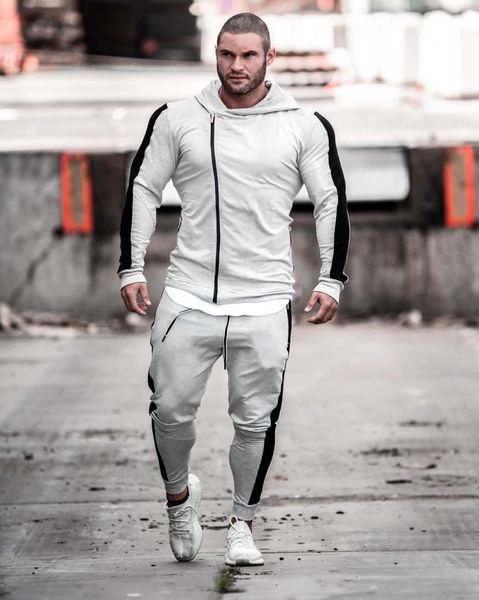 

mens running workout tracksuits sportswear set male sweatshirt sweatpants gym fitness bodybuilding hoodies pants suit, Black;blue