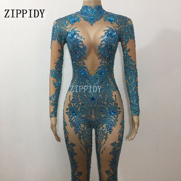 

2 color glisten blue stones jumpsuit women's leggings crystals birthday female singer show bodysuit nightclub stage wear, Black;red