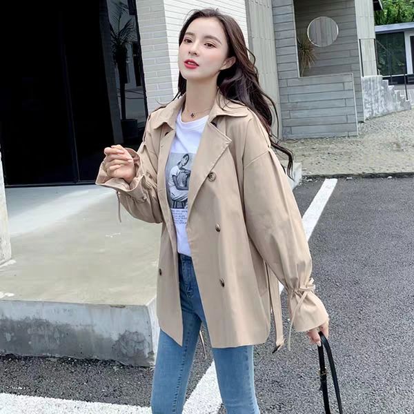

fall/winter 2019 women's new vintage hong kong style skinny belted double-breasted trench coat, Tan;black