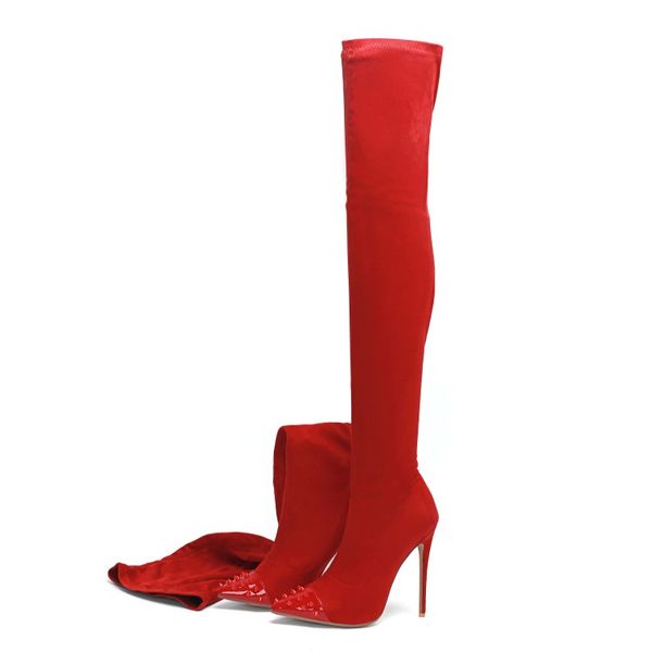 

designer shoes 2019 new fashion boots rivet pointed toes spike high heels thigh high boots winter women shoes long boots slip on botas, Black