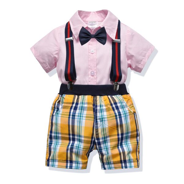 

2019 spring summer children baby formal dress boy's cotton shirt plaid shorts four-piece set gentleman set, White