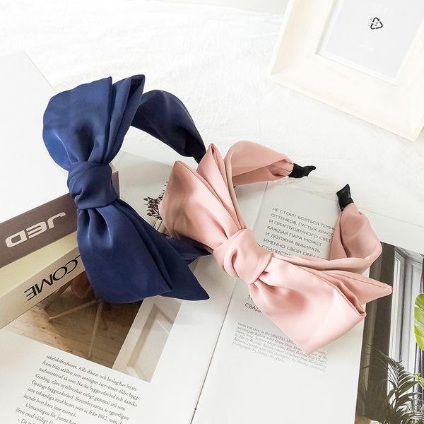 

south korea hair accessories simple fashion double layer large bow hair bands wide headband silk fabrics korean-style headdress, Brown