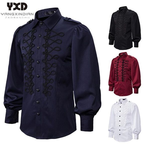 

banquet dress shirts for men gothic man epaulet buttons decorate uniform 2020 new court-style mens cotton tuxedo ruffle shirt, White;black