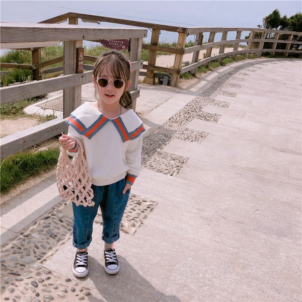 

2019 autumn new arrival korean style cotton matching colors long sleeve sweater with big collar for cute sweet baby girls, Blue