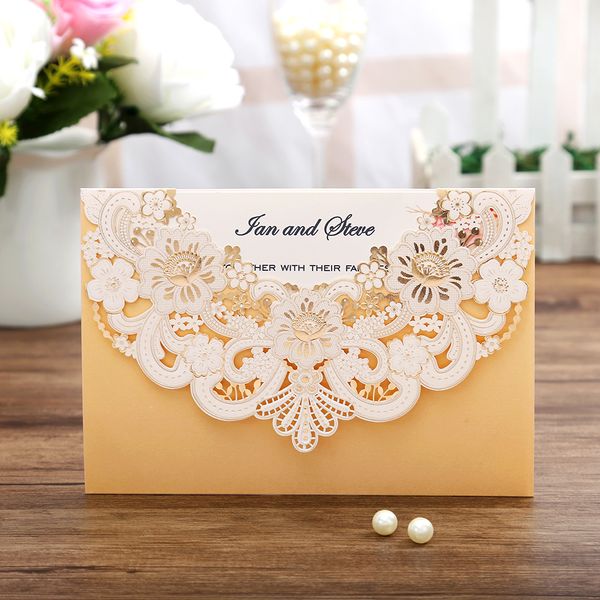 

100pcs new arrival horizontal laser cut wedding invitations with gold hollow flora,customizable