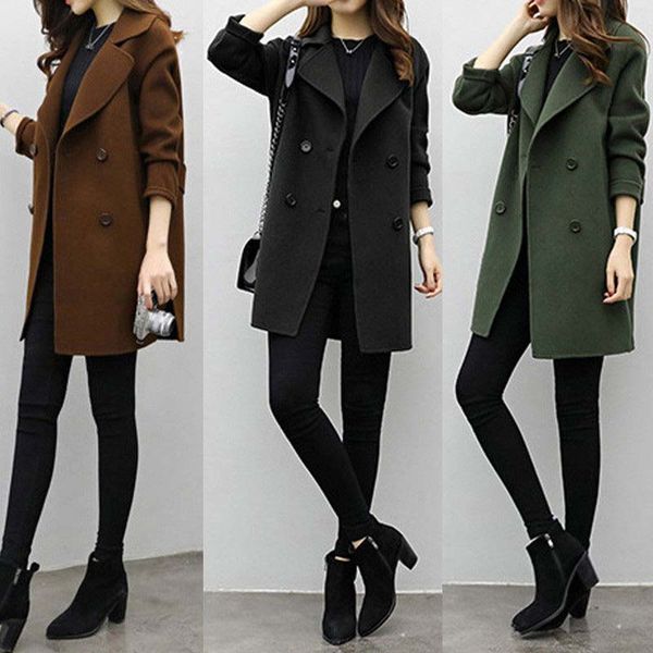 

autumn winter women casual coats turn-down collar warm woolen long sleeve slim outwear lapel cardigan jacket h9, Black