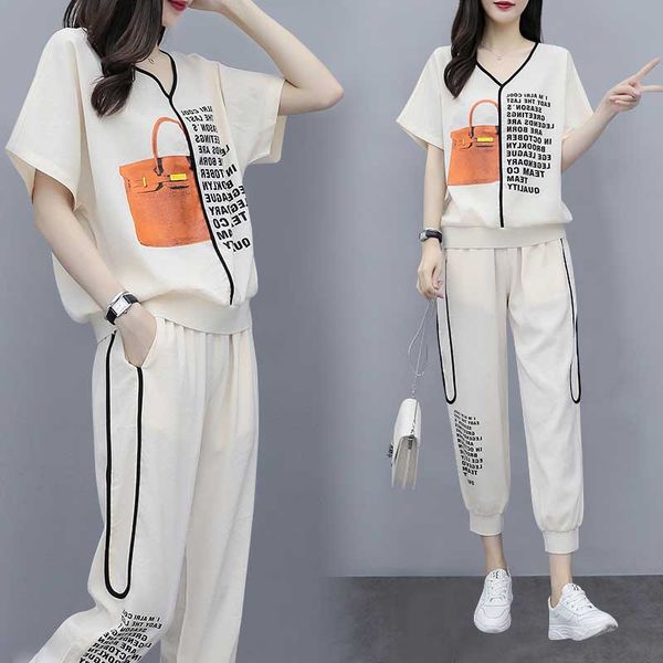 

two piece dress large size women's 2021 summer dress, belly cover, younger age, thinner two-piece casual fashion suit, White