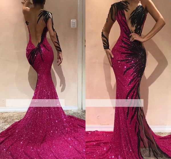 

2019 One Shoulder Sexy Sequined Mermaid Evening Dress Sequins Applique Sweep Train Gowns Sparkly Prom Dresses robes de soirée