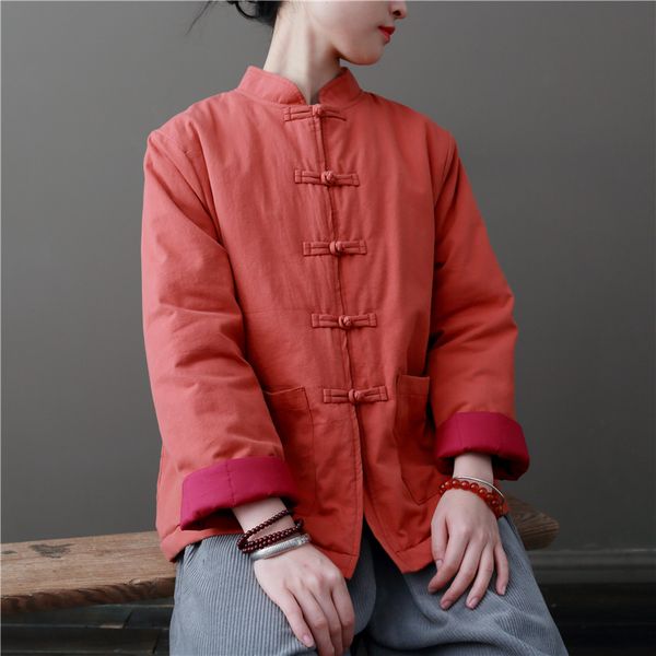 

cotton vintage parkas winter coats women stand long sleeve chinese style button cotton jackets 2019 new parkas coats, Black