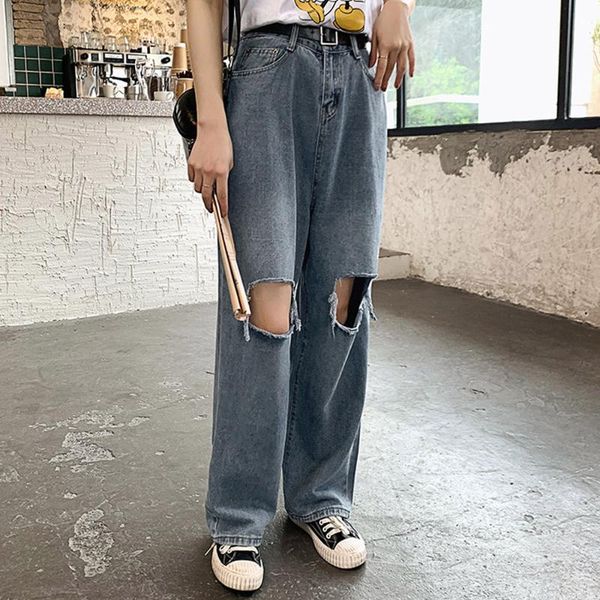

women's jeans woman ripped high waist clothes wide leg denim clothing blue streetwear vintage 2021 fashion harajuku straight pants
