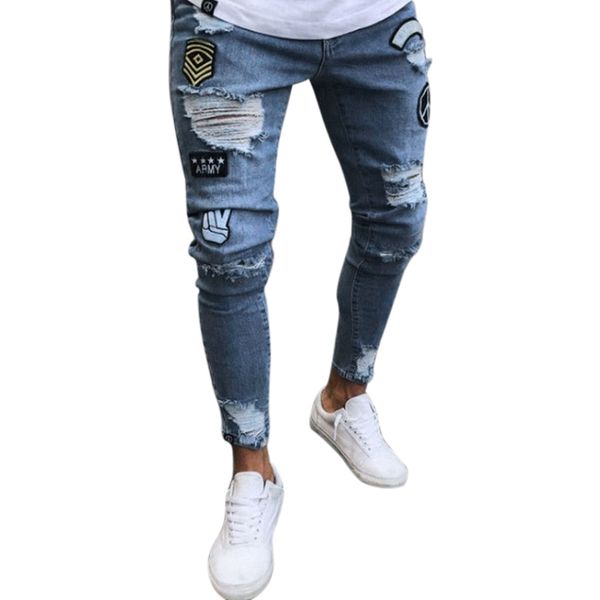 

fashion street wear men's jeans trend knee knee hole ripped jeans trousers embroidered mens skinny elastic pencil pants, Blue