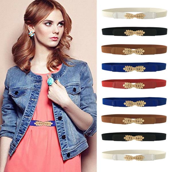 

new women ladies fashion casual chic belt solid leaf shape interlock buckle elastic stretch waist belt waistband new, Black;brown