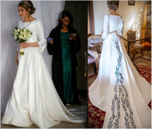 

2020 arabic aso ebi elegant retro wedding dresses embroidery 3/4 long sleeves bridal dresses satin wedding gowns zj025, White