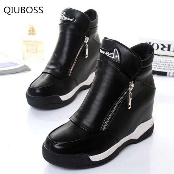 

qiuboss winter pu zipper invisible inside the anti-slip women boots slope with the hair snow boots women warm cotton q437, Black