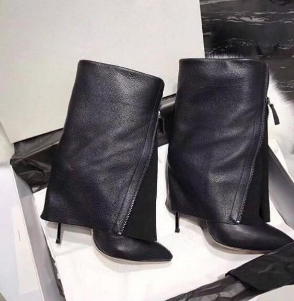

new fashion suede leather patchwork women flodover mid-calf boots pointy toe ladies blade heel boots zipper knight, Black