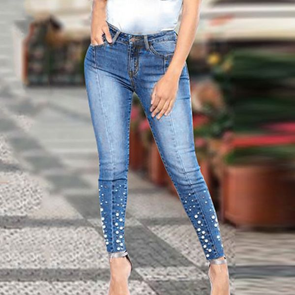 

2020 new blue jeans карандаш штаны женщины середины талии тонкий pearl тощий денима джинсы женщина casual stretch тощий брюки женский