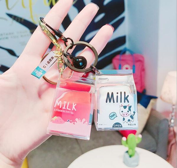 

creative dairy cow milk drinks acrylic keychain fruit milk moving liquid keyrings decompression drift bottle jewelry kids gifts, Silver