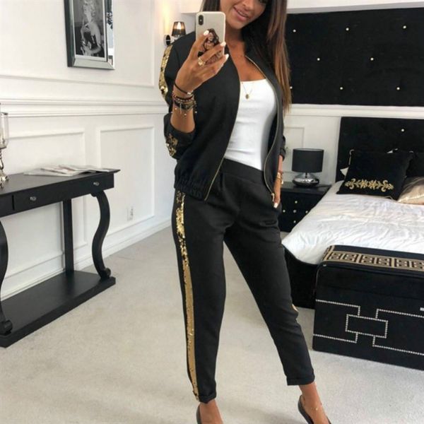 

womens solid color suit new fashion casual sequin stitching jacket trousers sports suit women 2020 winter preppy style high end, White