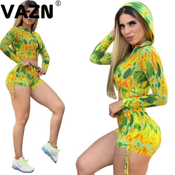 

vazn 2020 summer lady 3 colors 2-piece short set full sleeve zipper hooded coats shorts set skinny sets, White