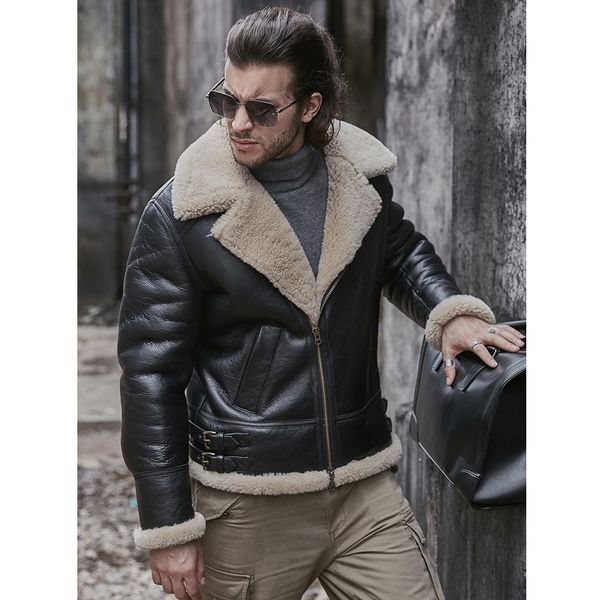 

2019 new men's b3 shearling jacket short leather jacket fur coat mens winter coats sheepskin coat, Black