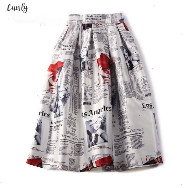 

summer new 50s 60s vintage lady newspaper print high waist pleated flare midi skirt saia longa plissada, Black