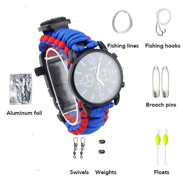 

new men's sports watch suit camping multi-functional emergency survival tools luminous waterproof watch rescue rope bracelet, Slivery;brown