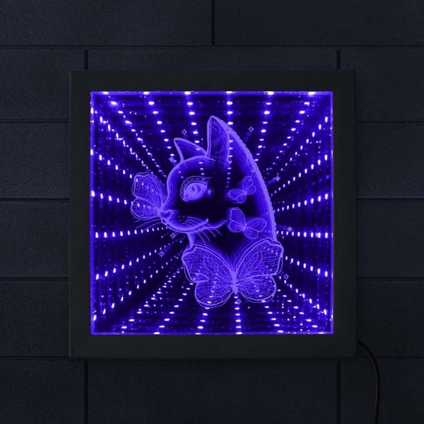 

cat with butterfly color changing led infinity mirror frame cat lover gift portrait mesmerizing illusion living room decor