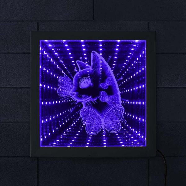 

cat with butterfly color changing led infinity mirror frame cat lover gift portrait mesmerizing illusion living room decor
