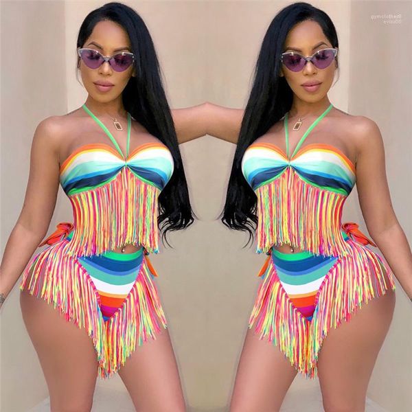 

swimwear womens bathing suits ladies striped skinny swimwear 2pcs tassel womens bikinis summer halter panelled backless, White;black