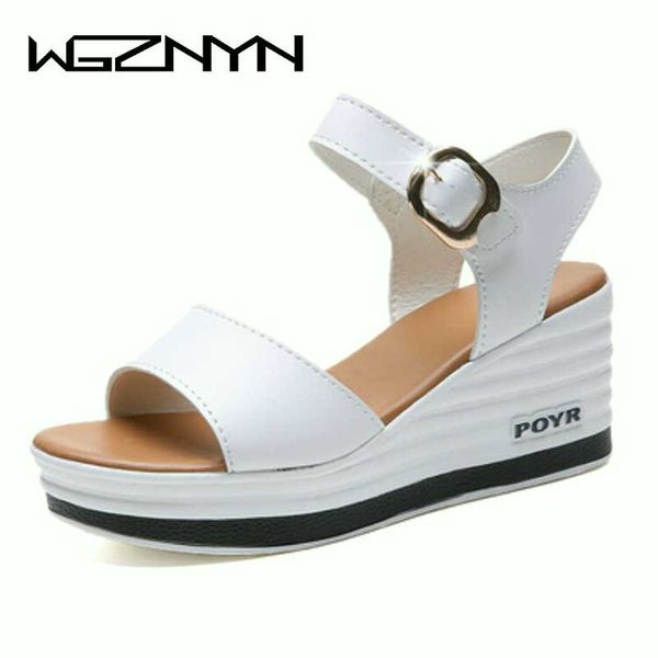 

sandals 2021 summer leather high heel wedge female platform fish mouth shoes woman lady buckle slope 35-40 w04, Black
