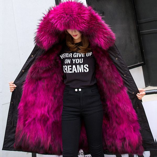 

fandy lokar hooded parkas women fashion real raccoon fur coats women elegant medium tie belt pockets jackets female ladies hq, Black