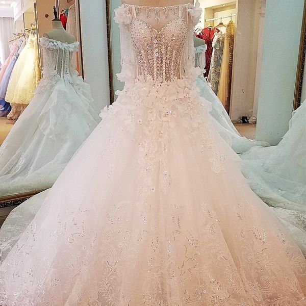 

special wedding dresses a-line off the shoulder long sleeves ball gown corset back wedding gowns with 100cm train, White