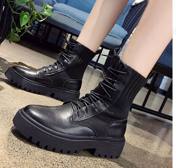 

martin boots female 2020 new low heel thick with autumn knit women's shoes factory direct explosions british wind short boots, Black